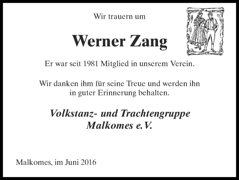  Traueranzeige für Werner Zang vom 13.06.2016 aus Hersfelder Zeitung