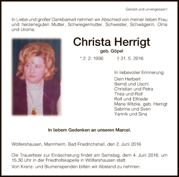 Traueranzeige von Christa Herrigt von Hersfeld