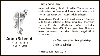 Traueranzeige von Anna Schmidt von Hersfeld