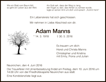 Traueranzeige von Adam Manns von Hersfeld