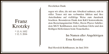 Traueranzeige von Franz Krotzky von Hersfeld