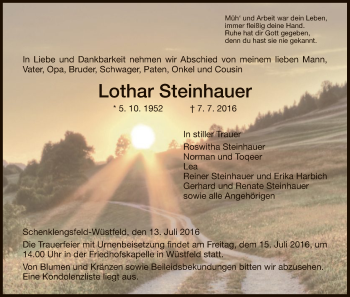 Traueranzeige von Lothar Steinhauer von Hersfeld