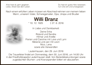 Traueranzeige von Willi Branz von Hersfeld