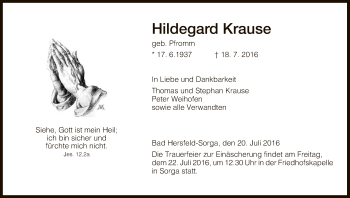 Traueranzeige von Hildegard Krause von Hersfeld