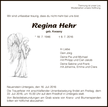 Traueranzeige von Regina Hehr von Hersfeld