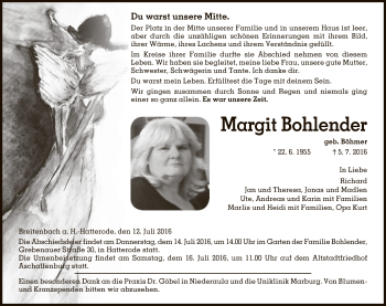 Traueranzeige von Margit Bohlender von Hersfeld