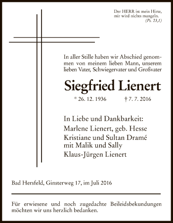Traueranzeige von Siegfried Lienert von Hersfeld