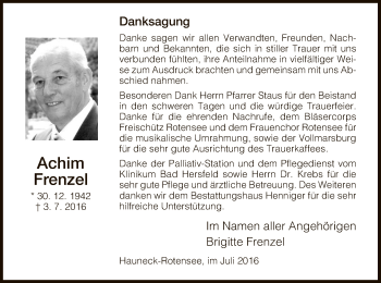 Traueranzeige von Achim Frenzel von Hersfeld