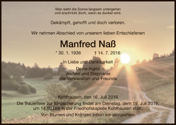 Traueranzeige von Manfred Naß von Hersfeld