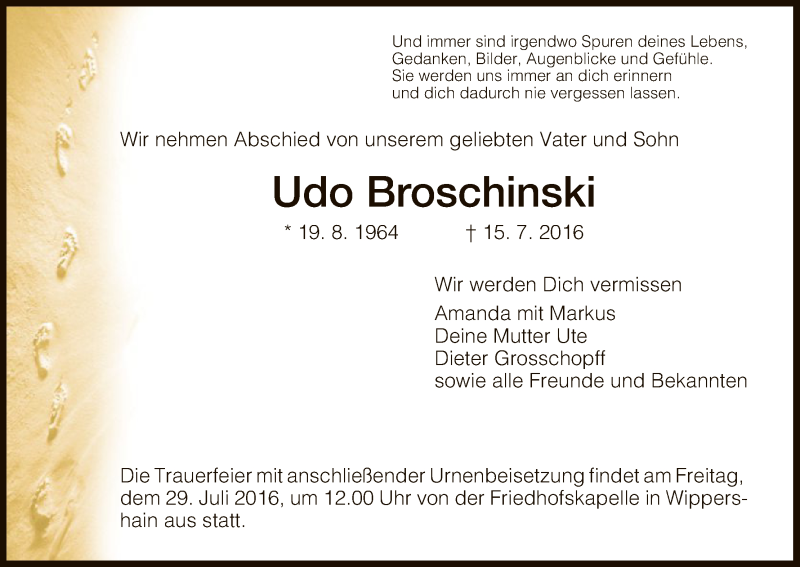  Traueranzeige für Udo Broschinski vom 23.07.2016 aus Hersfeld