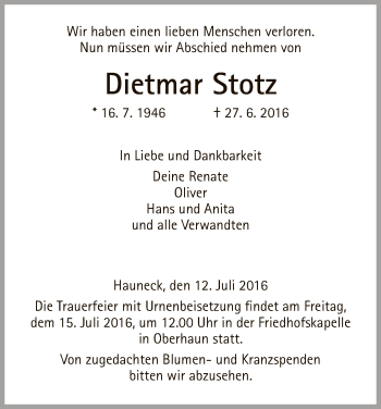 Traueranzeige von Dietmar Stoz von Hersfeld