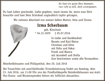 Traueranzeige von Irma Scherbaum von Hersfeld