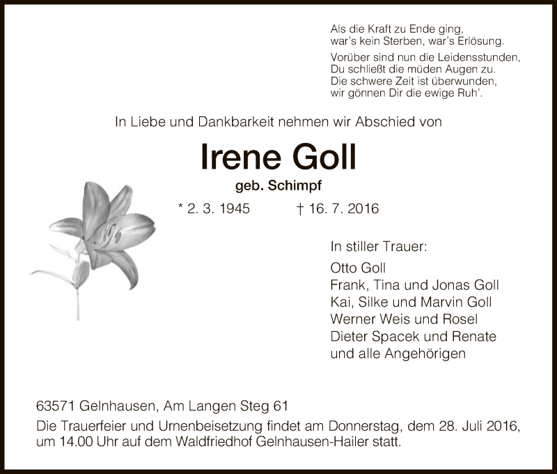  Traueranzeige für Irene Goll vom 23.07.2016 aus Hersfeld