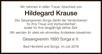 Traueranzeige von Hildegard Krause von Hersfeld