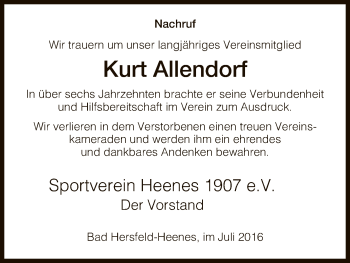 Traueranzeige von Kurt Allendorf von Hersfeld