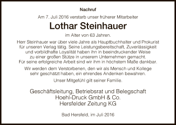 Traueranzeige von Lothar Steinhauer von Hersfeld