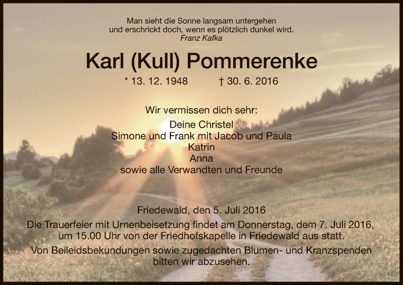 Traueranzeige für Karl  Pommerenke vom 05.07.2016 aus Hersfeld