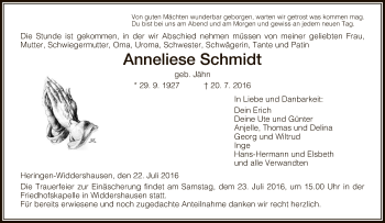 Traueranzeige von Anneliese Schmidt von Hersfeld