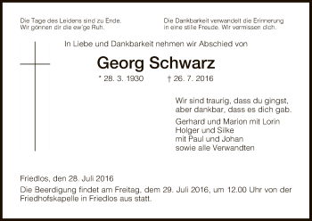 Traueranzeige von Georg Schwarz von Hersfeld