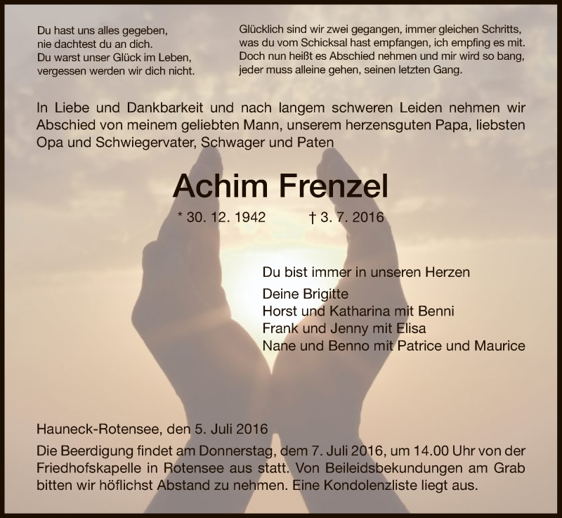  Traueranzeige für Achim Frenzel vom 05.07.2016 aus Hersfeld