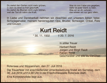 Traueranzeige von Kurt Reidt von Hersfeld