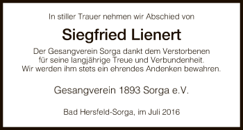 Traueranzeige von Siegfried Lienert von Hersfeld