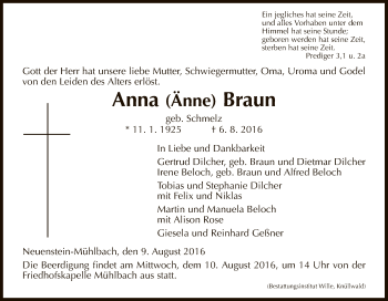 Traueranzeige von Anna Braun von Hersfeld