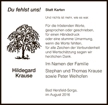 Traueranzeige von Hildegard Krause von Hersfeld