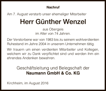 Traueranzeige von Günther Wenzel von Hersfeld