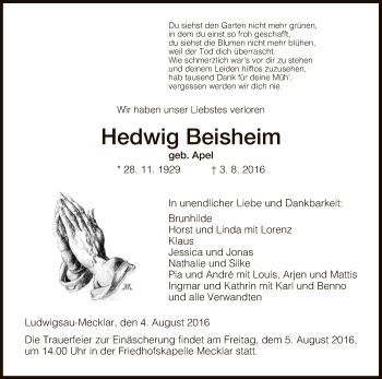 Traueranzeige von Hedwig Beisheim von Hersfeld