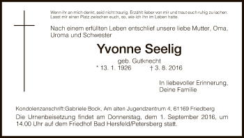 Traueranzeige von Yvonne Seelig von Hersfeld