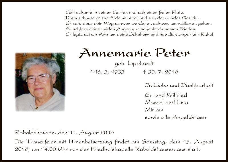  Traueranzeige für Annemarie Peter vom 11.08.2016 aus Hersfeld