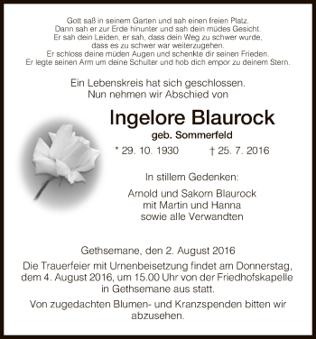 Traueranzeige von Ingelore Blaurock von Hersfeld