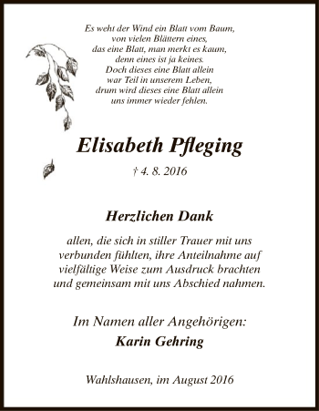 Traueranzeige von Elisabeth Pfleging von Hersfeld