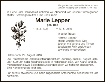 Traueranzeige von Marie Lepper von Hersfeld