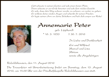 Traueranzeige von Annemarie Peter von Hersfeld