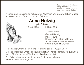 Traueranzeige von Anna Helwig von Hersfeld