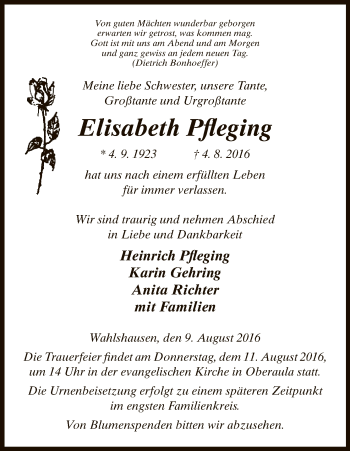 Traueranzeige von Elisabeth Pfleging von Hersfeld