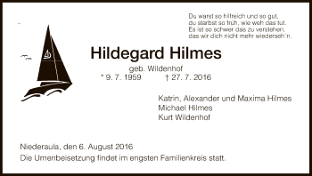 Traueranzeige von Hildegard Hilmes von Hersfeld