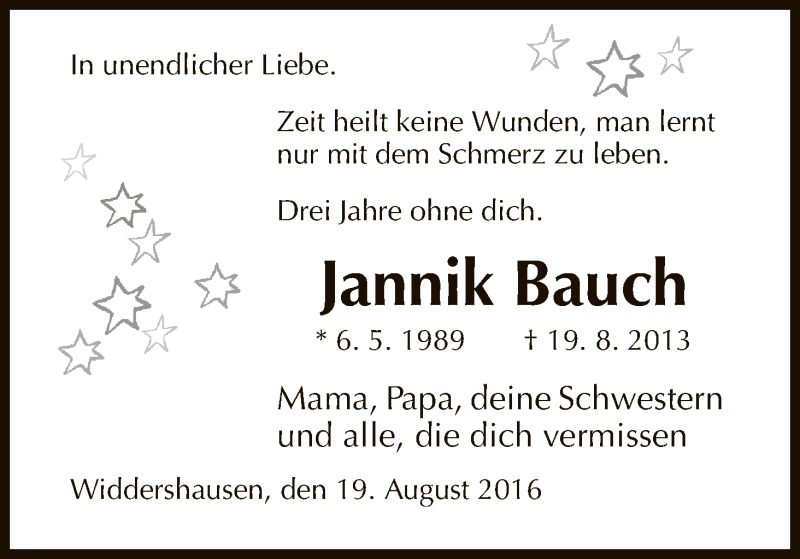  Traueranzeige für Jannik Bauch vom 19.08.2016 aus Hersfeld
