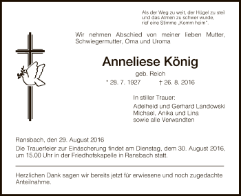 Traueranzeige von Anneliese König von Hersfeld