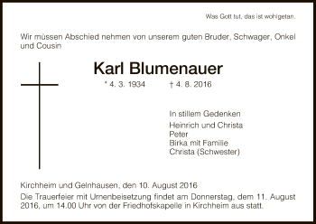 Traueranzeige von Karl Blumenauer von Hersfeld