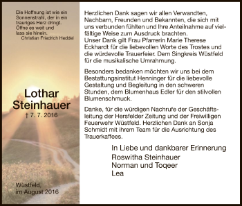 Traueranzeige von Lothar Steinhauer von Hersfeld