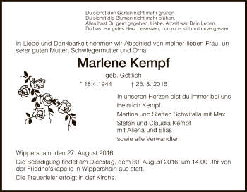 Traueranzeige von Marlene Kempf von Hersfeld