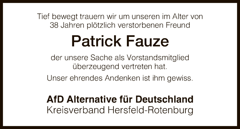  Traueranzeige für Patrick Fauze vom 24.09.2016 aus Hersfeld