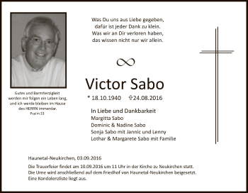 Traueranzeige von Victor Sabo von Hersfeld