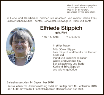 Traueranzeige von Elfriede Stippich von Hersfeld