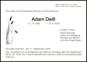 Traueranzeige von Adam Deiß von Hersfeld