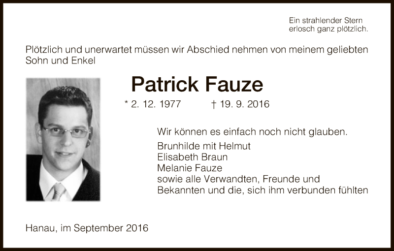  Traueranzeige für Patrick Fauze vom 29.09.2016 aus Hersfeld