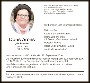 Traueranzeige von Doris Arens von Hersfeld